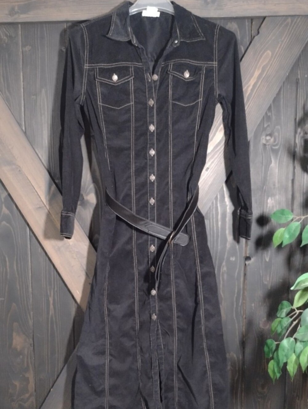 Faded Glory Vintage Y2K Black Corduroy Button-Front Max Shirt Dress with Belt 14